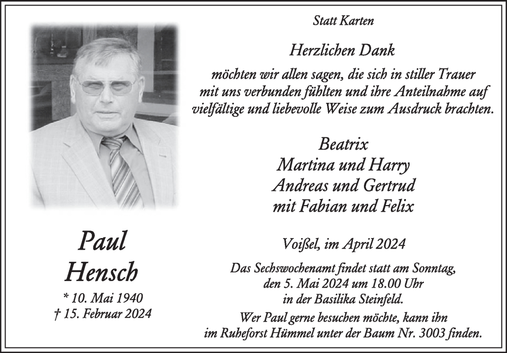 Traueranzeige für Paul Hensch vom 24.04.2024 aus WochenSpiegel