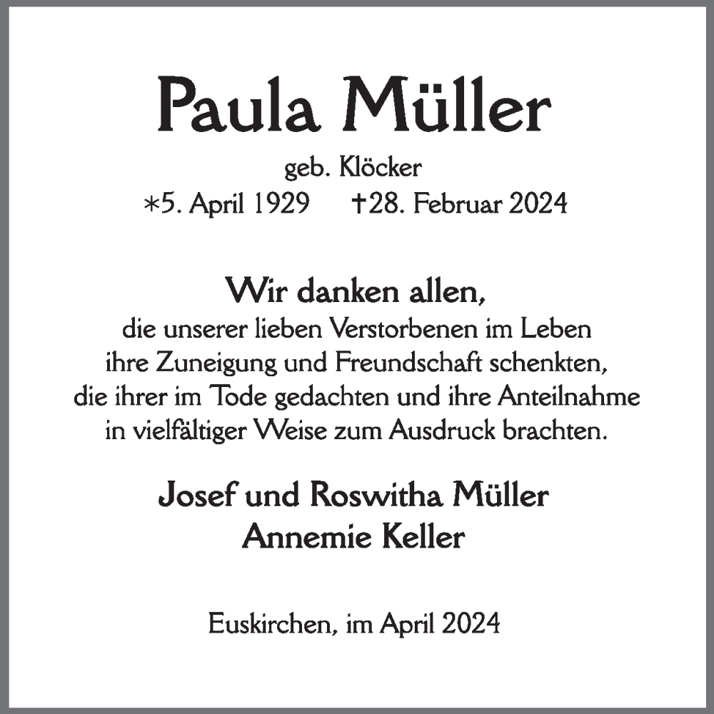  Traueranzeige für Paula Müller vom 03.04.2024 aus WochenSpiegel