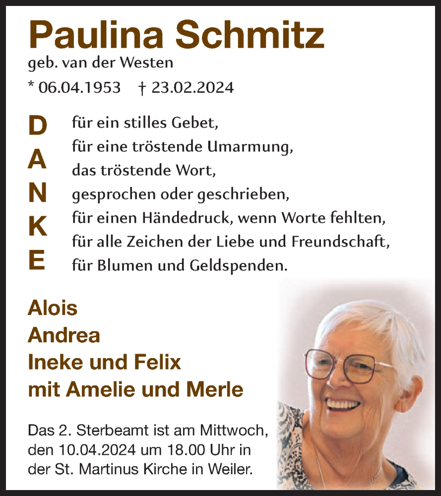  Traueranzeige für Paulina Schmitz vom 03.04.2024 aus WochenSpiegel