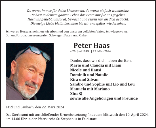 Traueranzeige von Peter Haas von WochenSpiegel