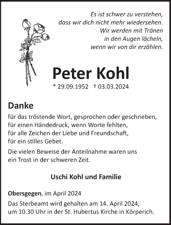 Traueranzeige von Peter Kohl von WochenSpiegel