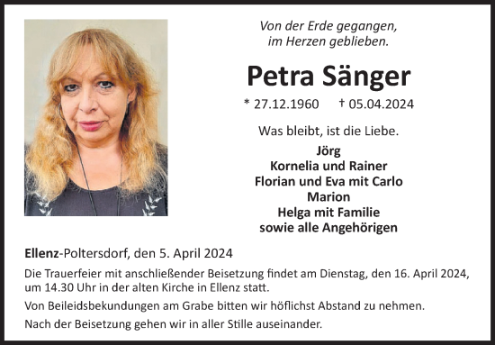 Traueranzeige von Petra Sänger von WochenSpiegel