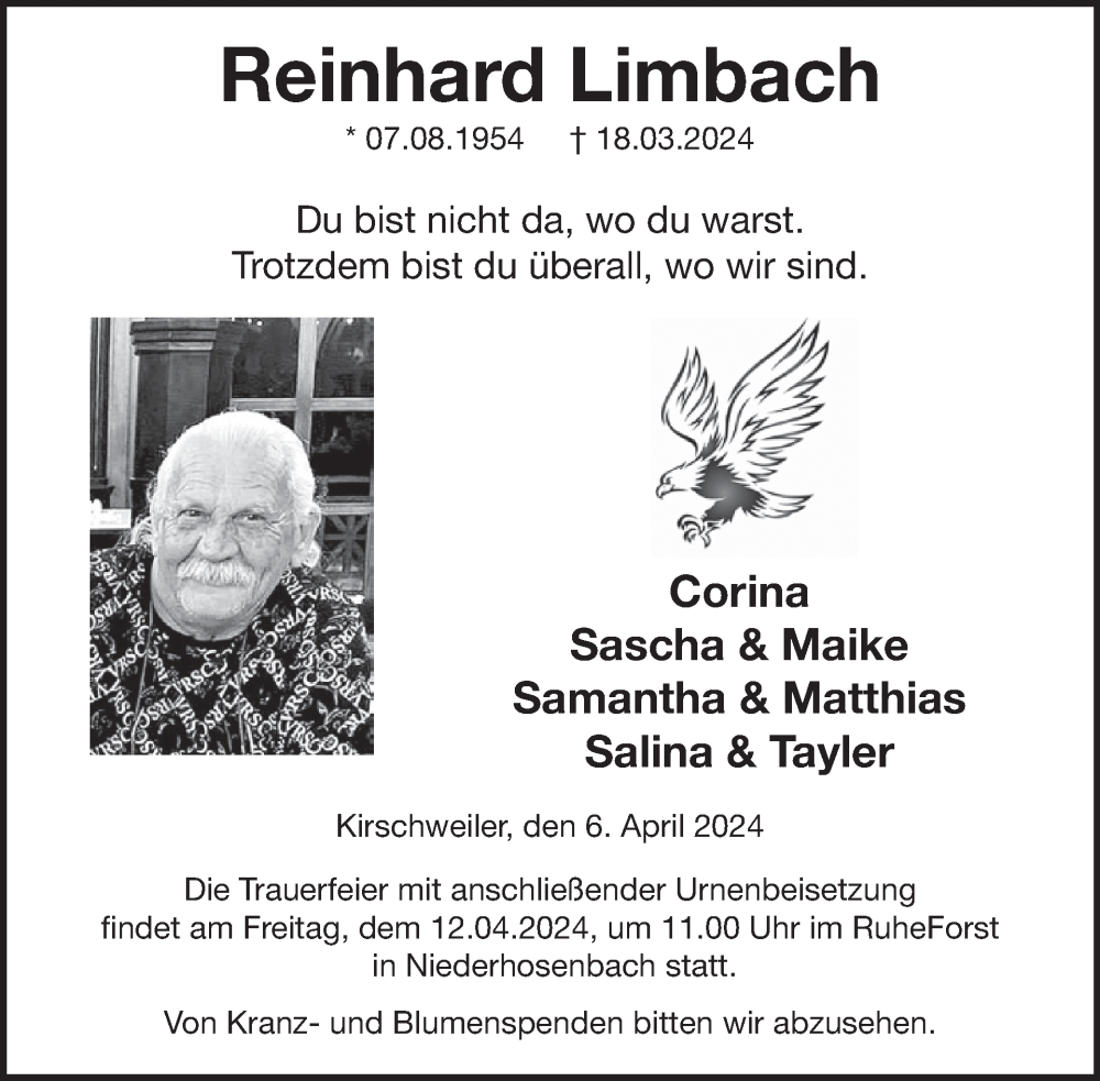  Traueranzeige für Reinhard Limbach vom 06.04.2024 aus WochenSpiegel