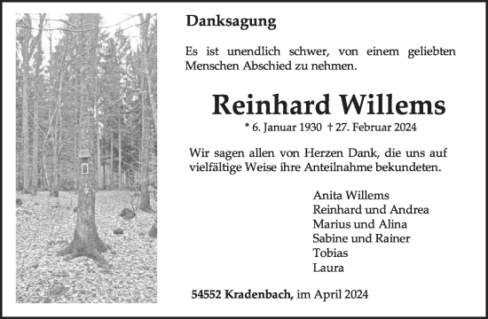 Traueranzeige von Reinhard Willems von WochenSpiegel