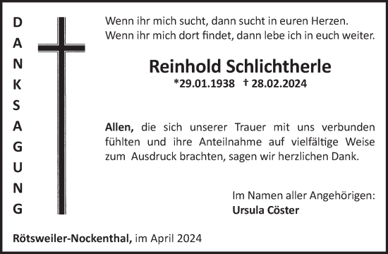Traueranzeige von Reinhold Schlichtherle von WochenSpiegel