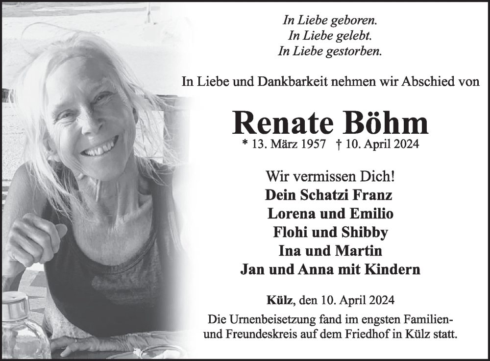  Traueranzeige für Renate Böhm vom 20.04.2024 aus WochenSpiegel