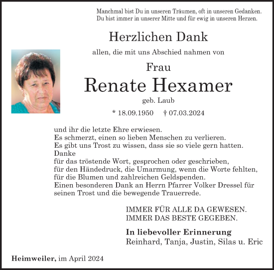 Traueranzeige von Renate Hexamer von WochenSpiegel
