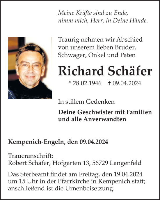 Traueranzeige von Richard Schäfer von WochenSpiegel