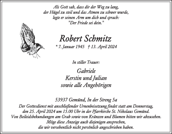 Traueranzeige von Robert Schmitz von WochenSpiegel
