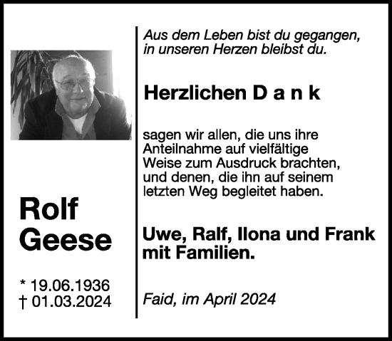 Traueranzeige von Rolf Geese von WochenSpiegel
