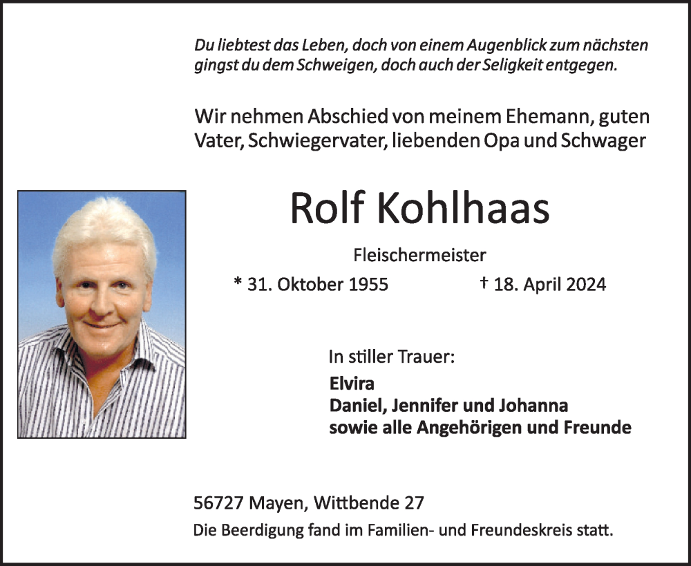  Traueranzeige für Rolf Kohlhaas vom 01.05.2024 aus WochenSpiegel