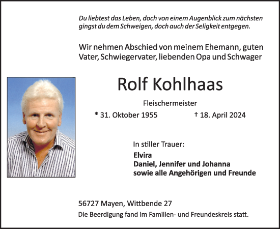 Traueranzeige von Rolf Kohlhaas von WochenSpiegel
