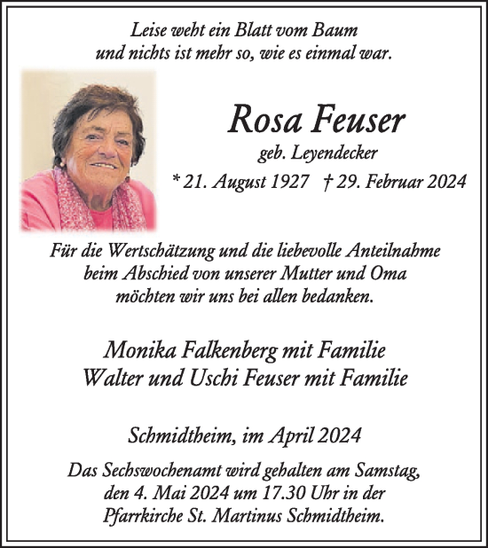 Traueranzeige von Rosa Feuser von WochenSpiegel