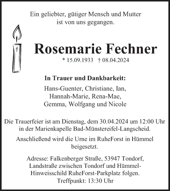 Traueranzeige von Rosemarie Fechner von WochenSpiegel