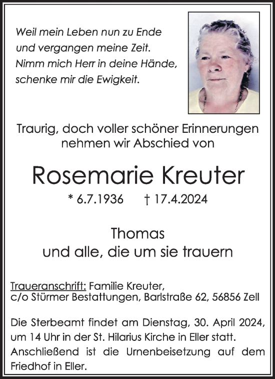 Traueranzeige von Rosemarie Kreuter von WochenSpiegel