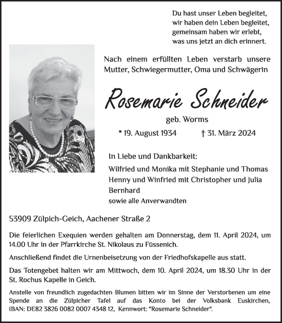 Traueranzeige von Rosemarie Schneider von WochenSpiegel