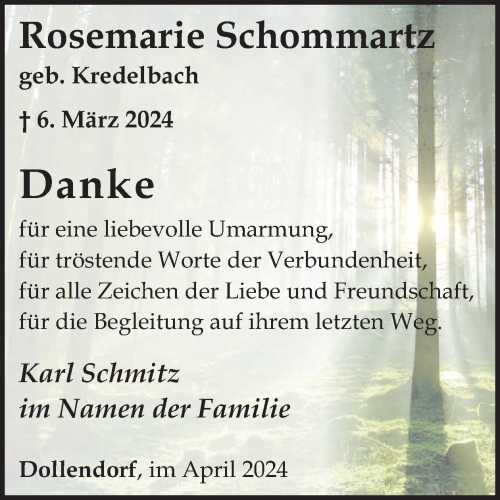  Traueranzeige für Rosemarie Schommartz vom 03.04.2024 aus WochenSpiegel