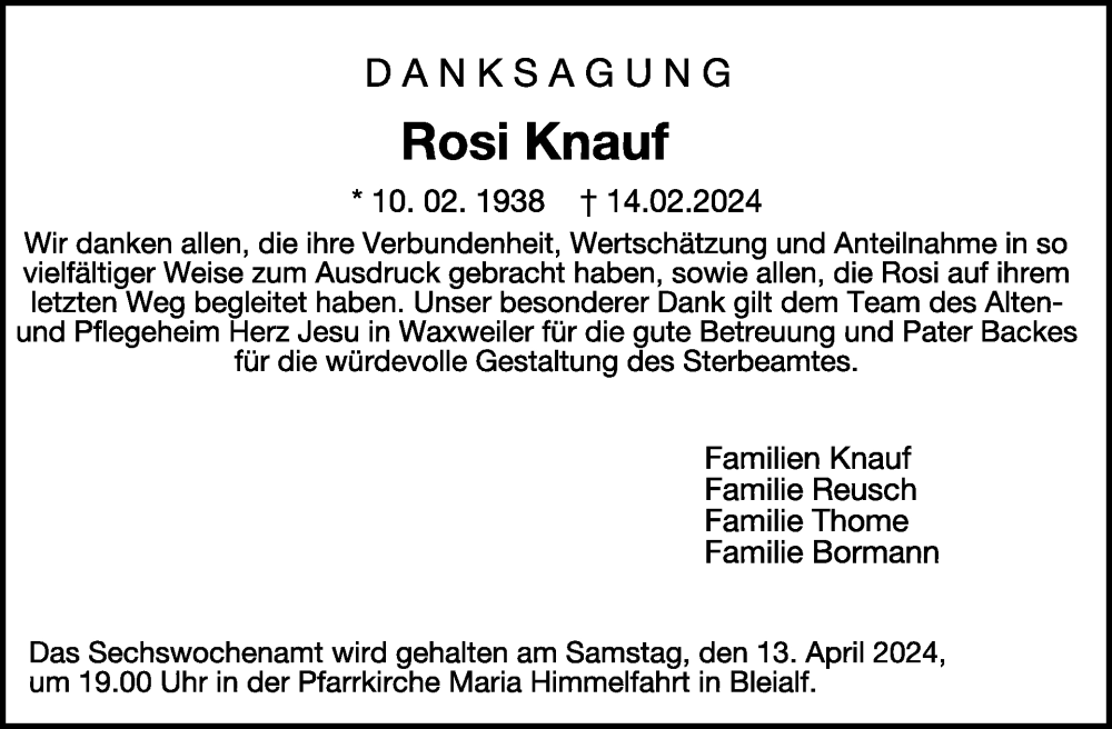  Traueranzeige für Rosi Knauf vom 05.04.2024 aus WochenSpiegel