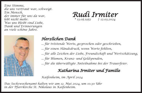 Traueranzeige von Rudi Irmiter von WochenSpiegel