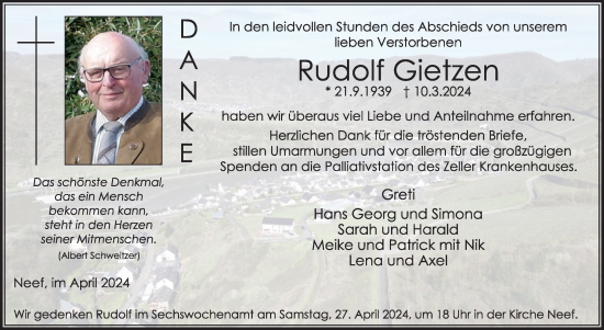Traueranzeige von Rudolf Gietzen von WochenSpiegel