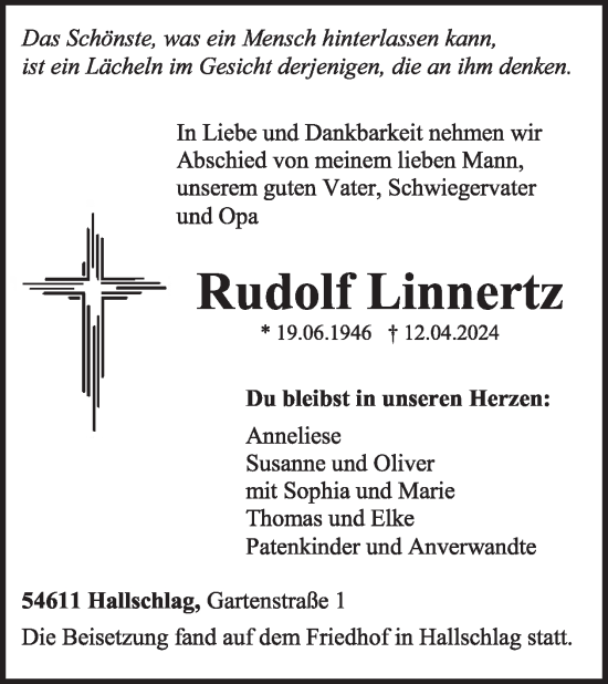 Traueranzeige von Rudolf Linnertz von WochenSpiegel
