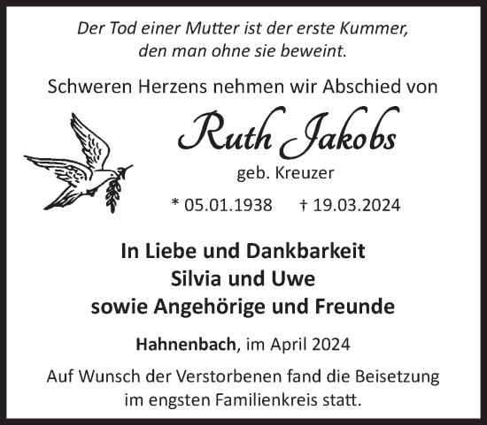 Traueranzeige von Ruth Jakobs von WochenSpiegel