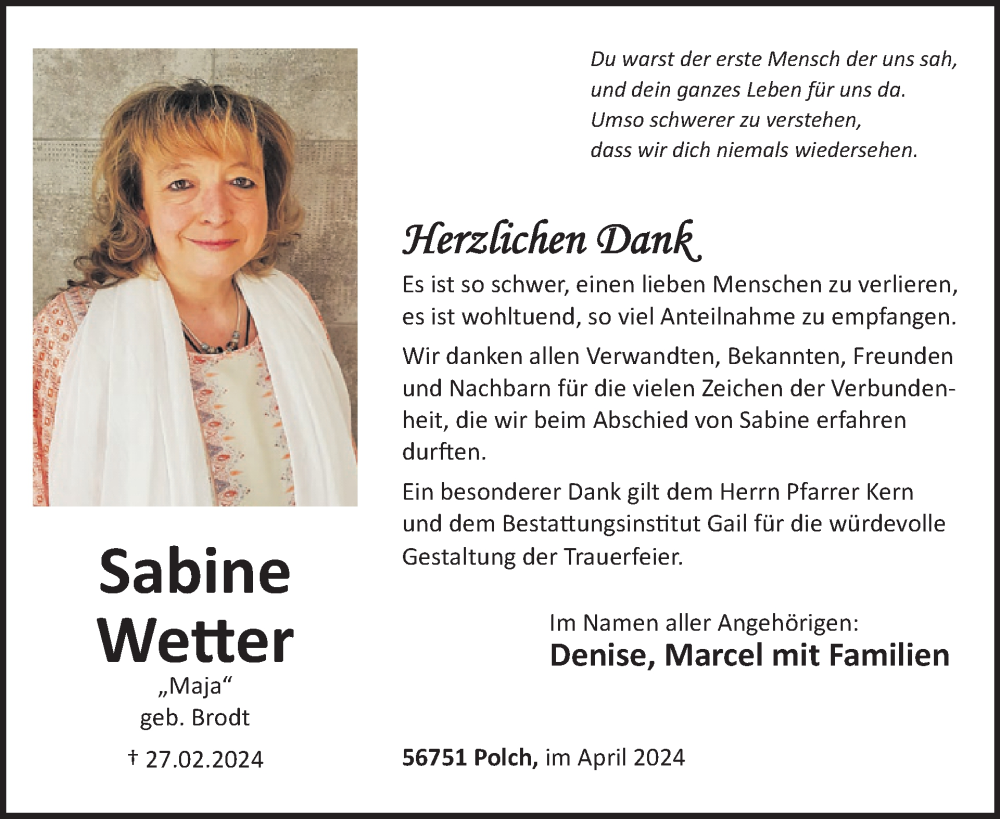  Traueranzeige für Sabine Wetter vom 24.04.2024 aus WochenSpiegel