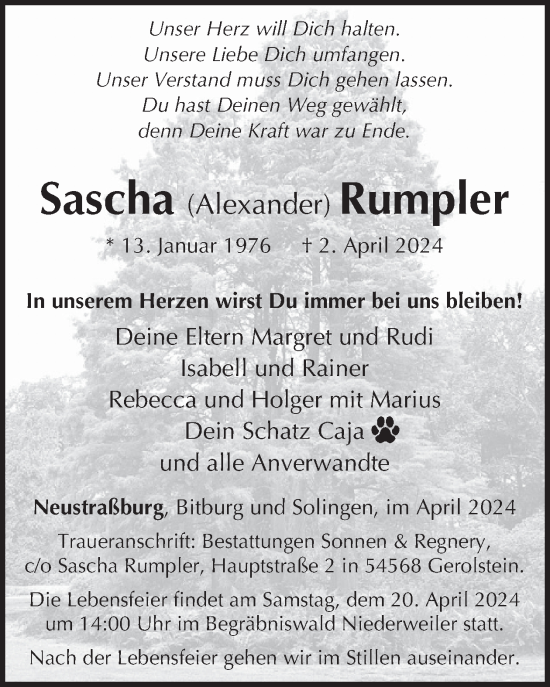 Traueranzeige von Sascha Rumpler von WochenSpiegel