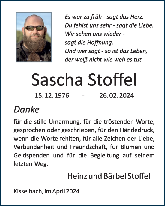 Traueranzeige von Sascha Stoffel von WochenSpiegel