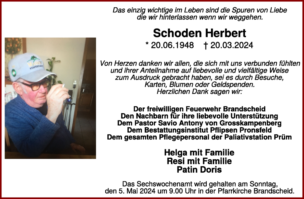  Traueranzeige für Schoden Herbert vom 26.04.2024 aus WochenSpiegel
