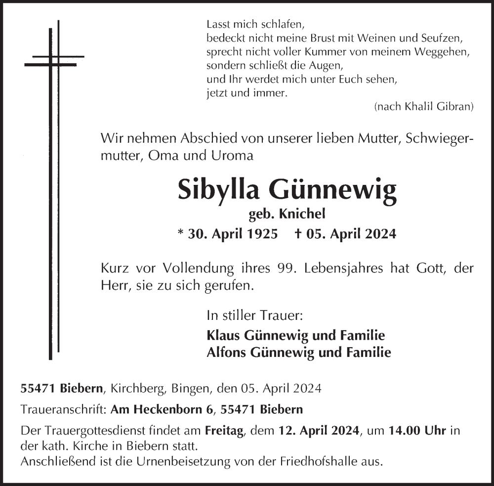  Traueranzeige für Sibylla Günnewig vom 13.04.2024 aus WochenSpiegel