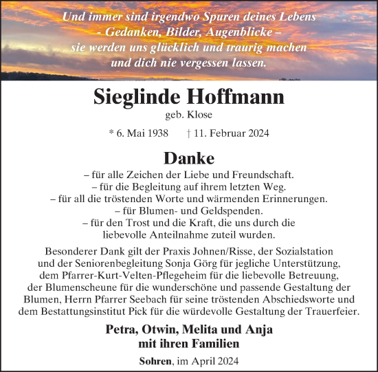 Traueranzeige von Sieglinde Hoffmann von WochenSpiegel