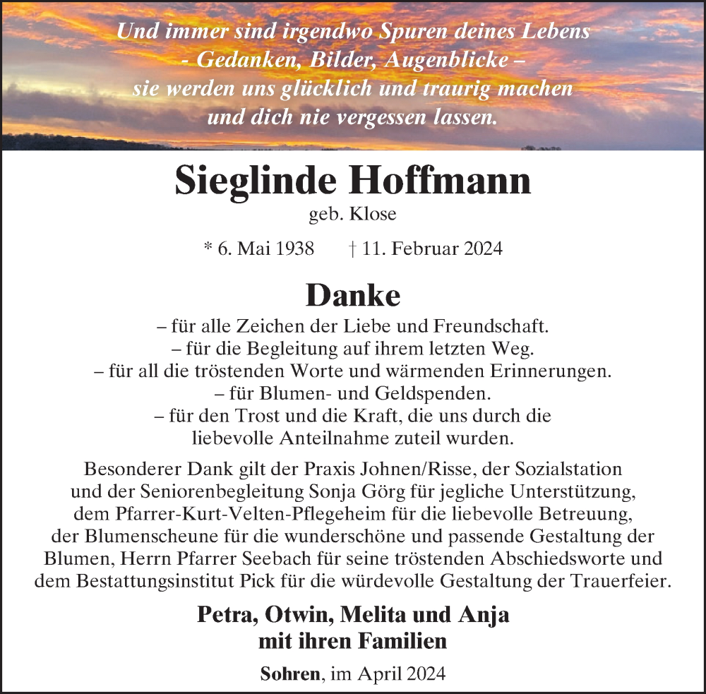  Traueranzeige für Sieglinde Hoffmann vom 06.04.2024 aus WochenSpiegel
