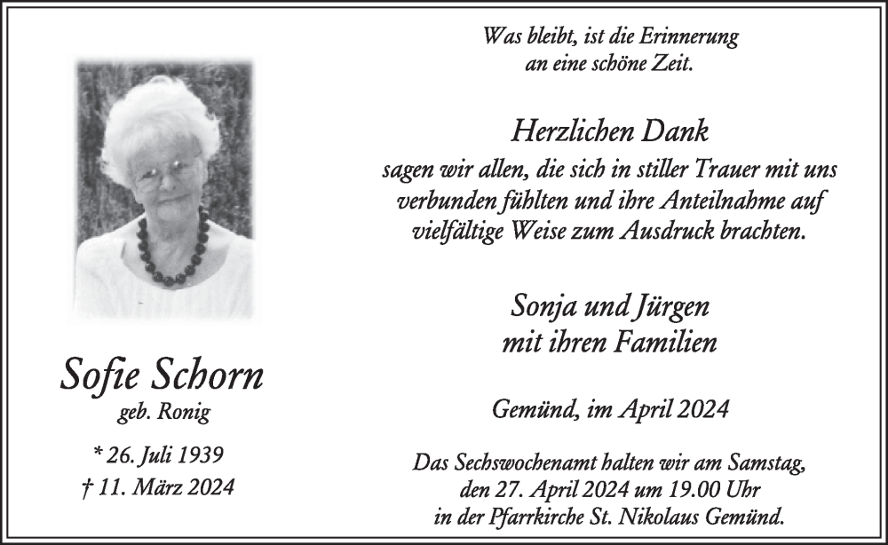  Traueranzeige für Sofie Schorn vom 24.04.2024 aus WochenSpiegel