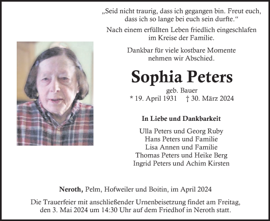 Traueranzeige von Sophia Peters von WochenSpiegel
