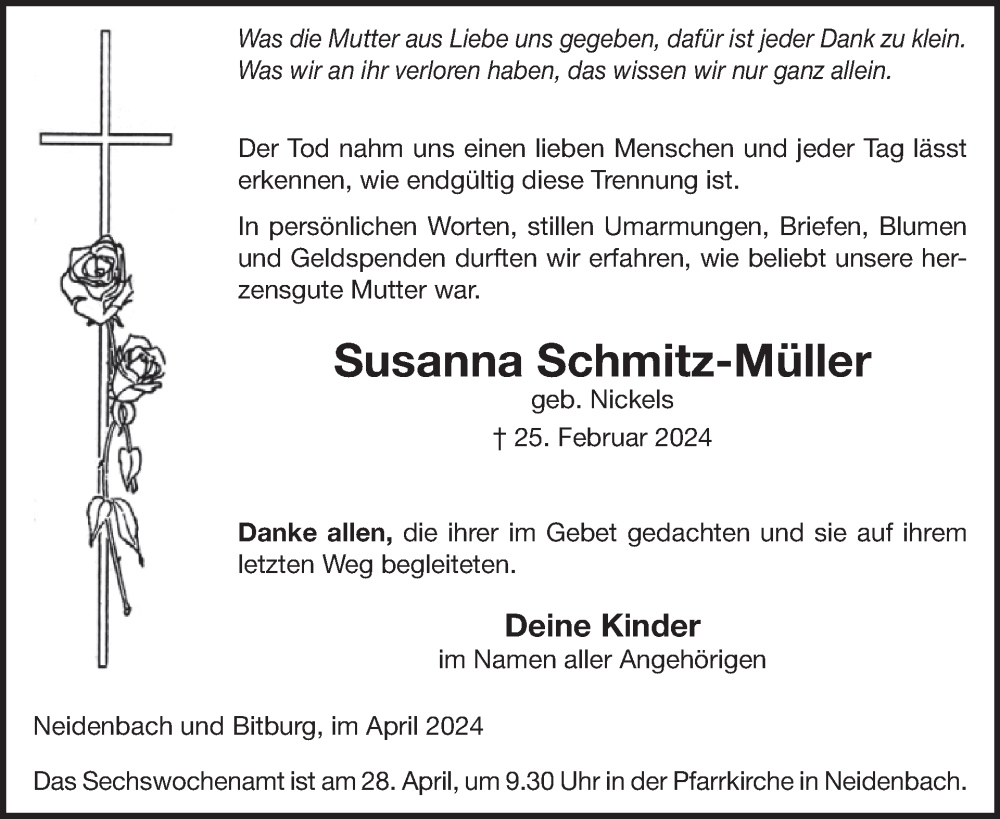  Traueranzeige für Susanna Schmitz-Müller vom 19.04.2024 aus WochenSpiegel