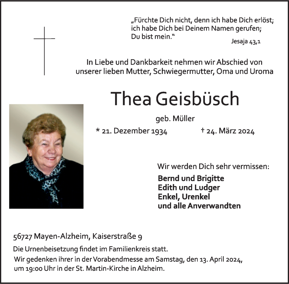  Traueranzeige für Thea Geisbüsch vom 03.04.2024 aus WochenSpiegel