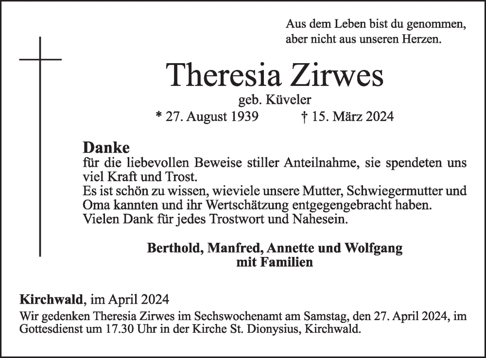  Traueranzeige für Theresia Zirwes vom 17.04.2024 aus WochenSpiegel