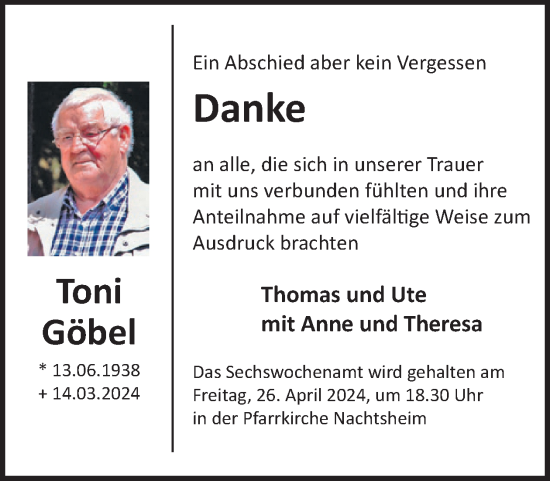 Traueranzeige von Toni Göbel von WochenSpiegel