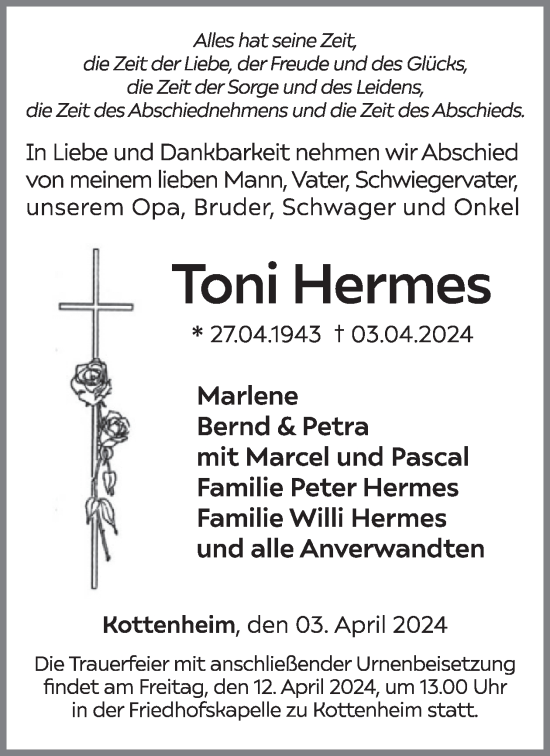 Traueranzeige von Toni Hermes von WochenSpiegel