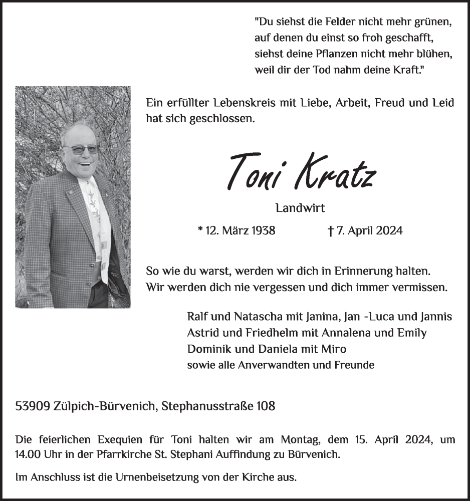  Traueranzeige für Toni Kratz vom 10.04.2024 aus WochenSpiegel