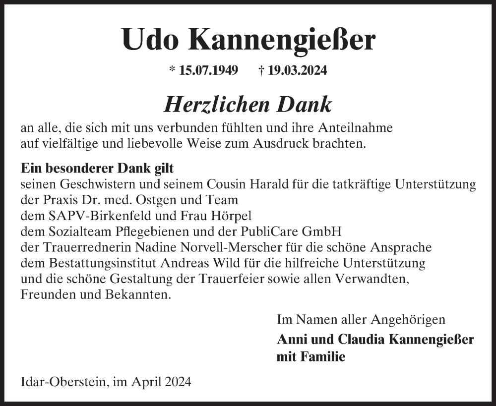 Traueranzeige für Udo Kannengießer vom 27.04.2024 aus WochenSpiegel