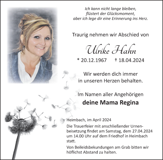 Traueranzeige von Ulrike Hahn von WochenSpiegel