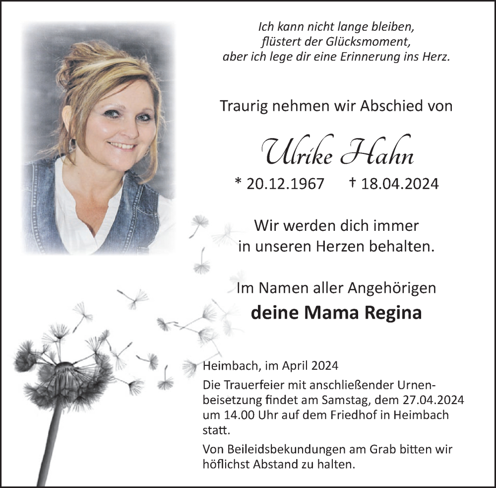  Traueranzeige für Ulrike Hahn vom 27.04.2024 aus WochenSpiegel
