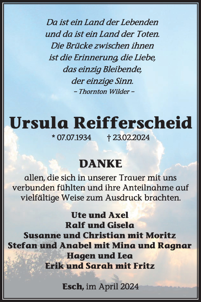  Traueranzeige für Ursula Reifferscheid vom 06.04.2024 aus WochenSpiegel