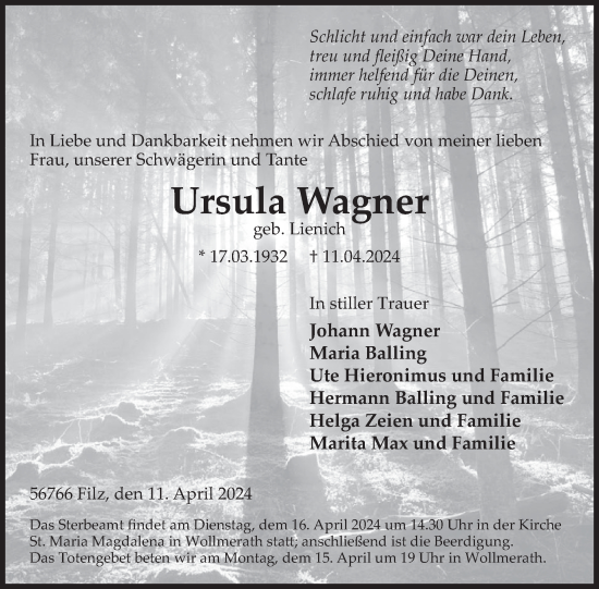 Traueranzeige von Ursula Wagner von WochenSpiegel