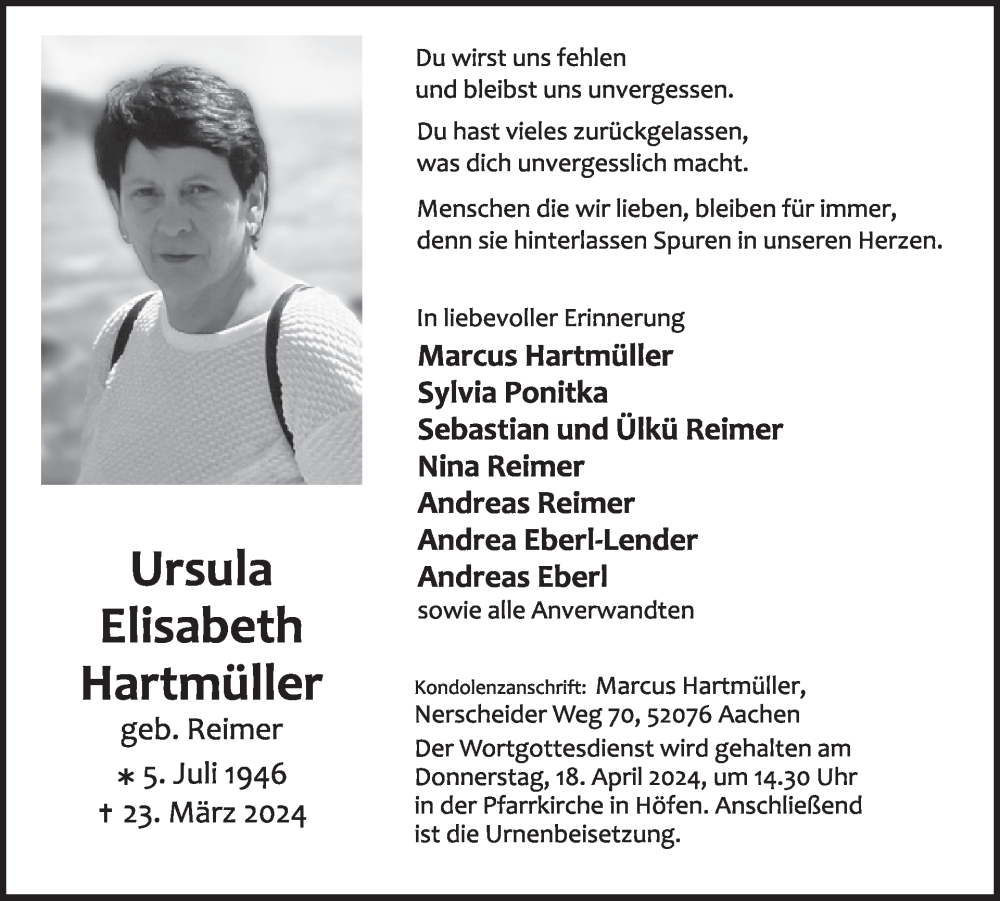  Traueranzeige für Ursula Elisabeth Hartmüller vom 10.04.2024 aus WochenSpiegel