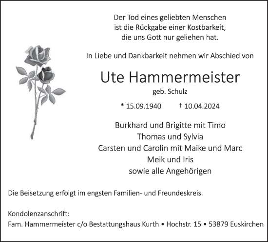 Traueranzeige von Ute Hammermeister von WochenSpiegel