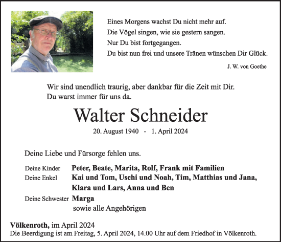 Traueranzeige von Walter Schneider von WochenSpiegel