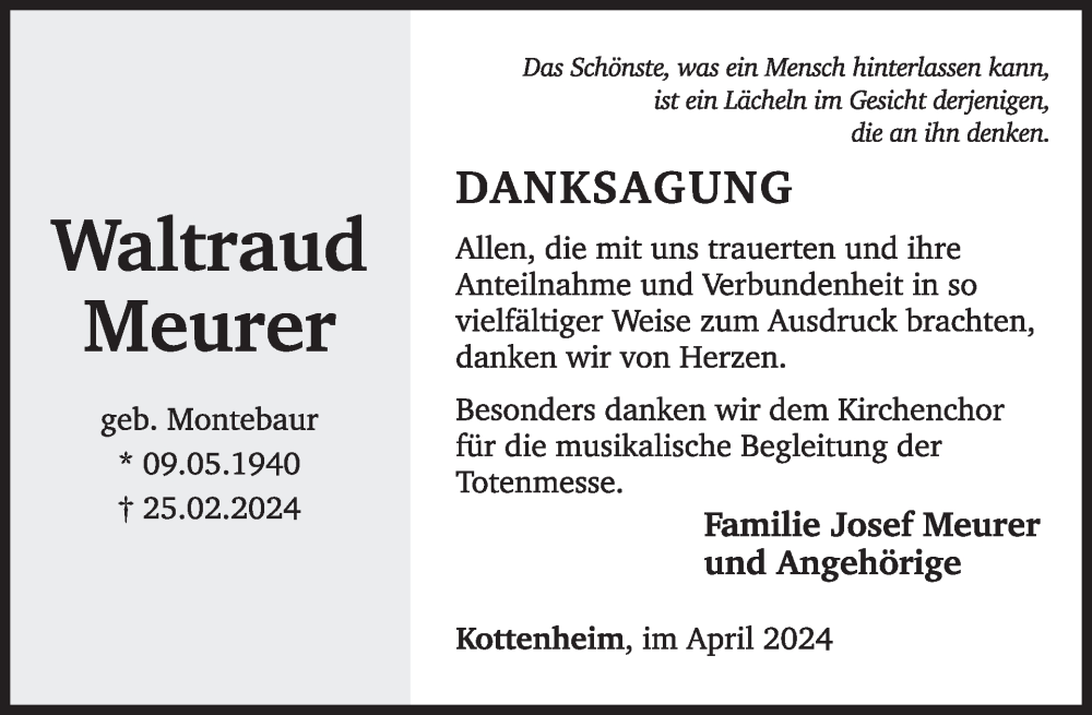  Traueranzeige für Waltraud Meurer vom 17.04.2024 aus WochenSpiegel